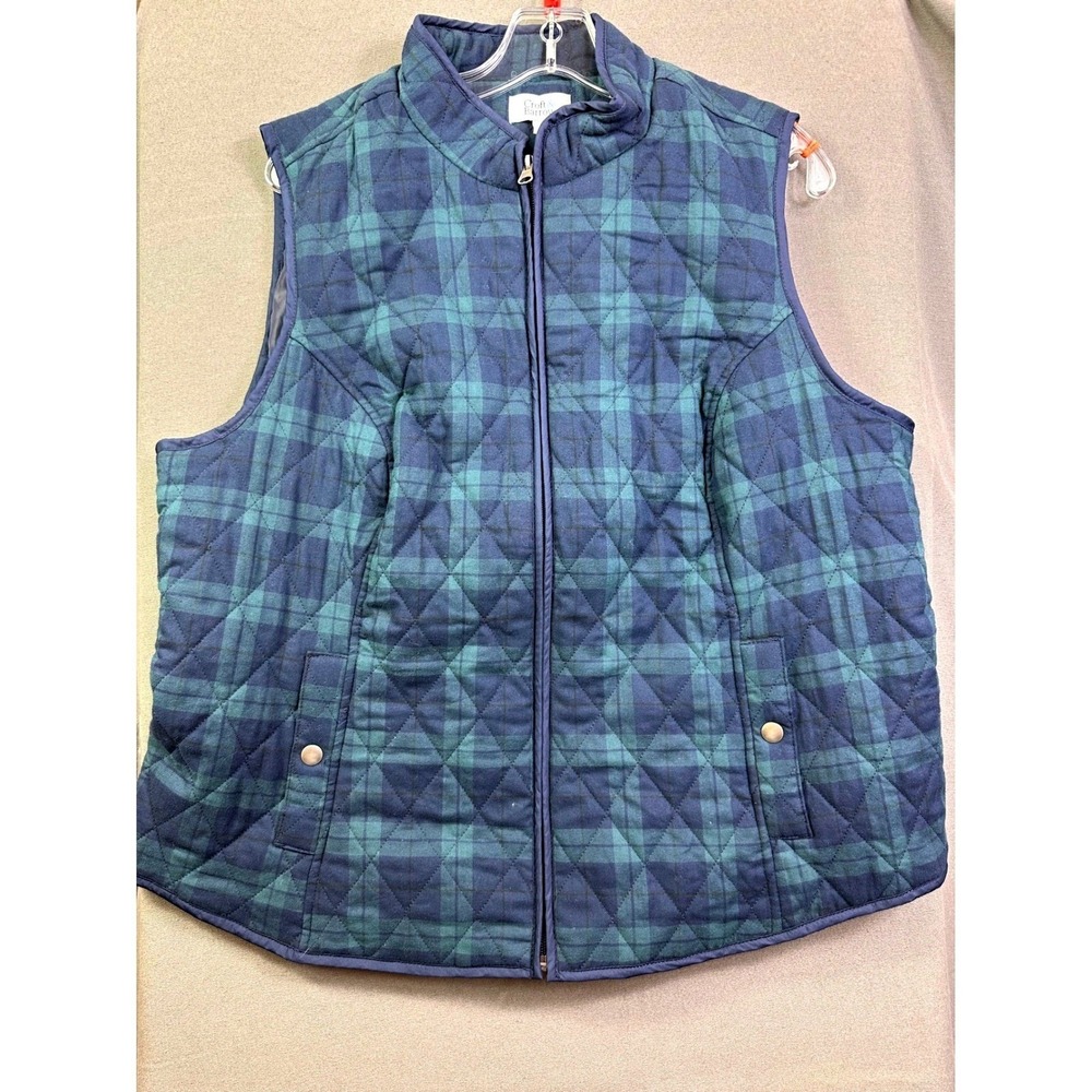 Croft & Barrow‎ Classic Quilted Vest Womens XXL Green Navy Plaid Full Zip NWT